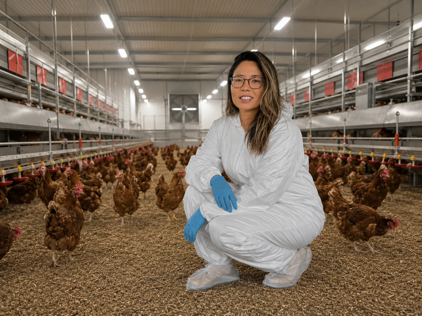 Sara Osorio, veterinaria especializada en bienestar animal, en una granja avícola con gallinas en sistema libre de jaula.