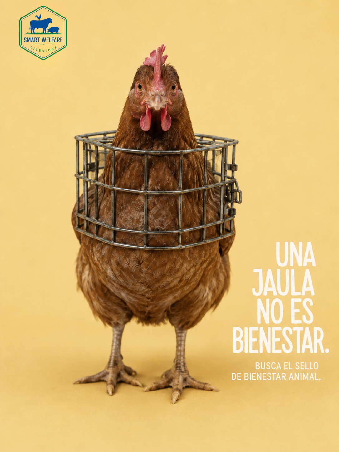 Campaña "Una jaula no es bienestar." — pieza Gallina