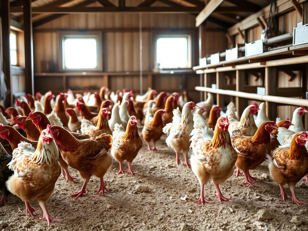 Gallinas ponedoras en un sistema libre de jaula, moviéndose sobre suelo con yacija en una nave con luz natural.
